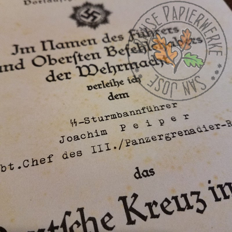 Thumbnail: Joachim (Jochen) Peiper - German Cross preliminary award document (Deutsches Kreuz in Gold - Besitzzeugnis)