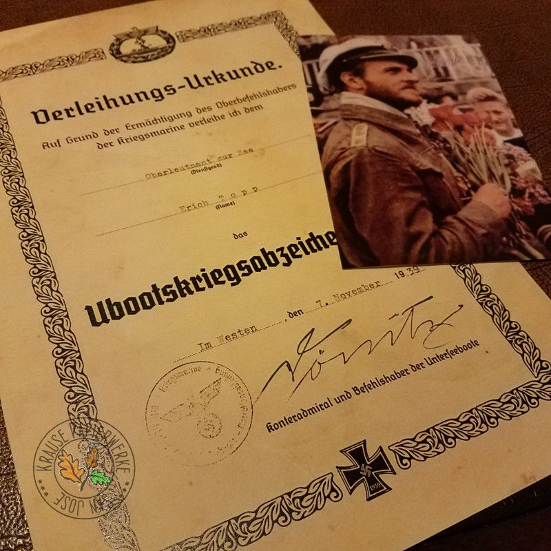 Thumbnail: Erich Topp - U-Boot-Kriegsabzeichen (Submarine War-Badge) award certificate/citation/document. With signed picture in color.