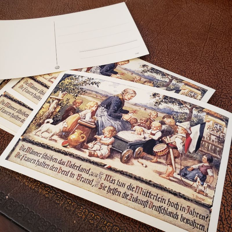 German ww1 postcard "Männer schützen das Vaterland, Frauen halten den Herd in Brand, was tun die Mutterlein hoch in Jahren?"