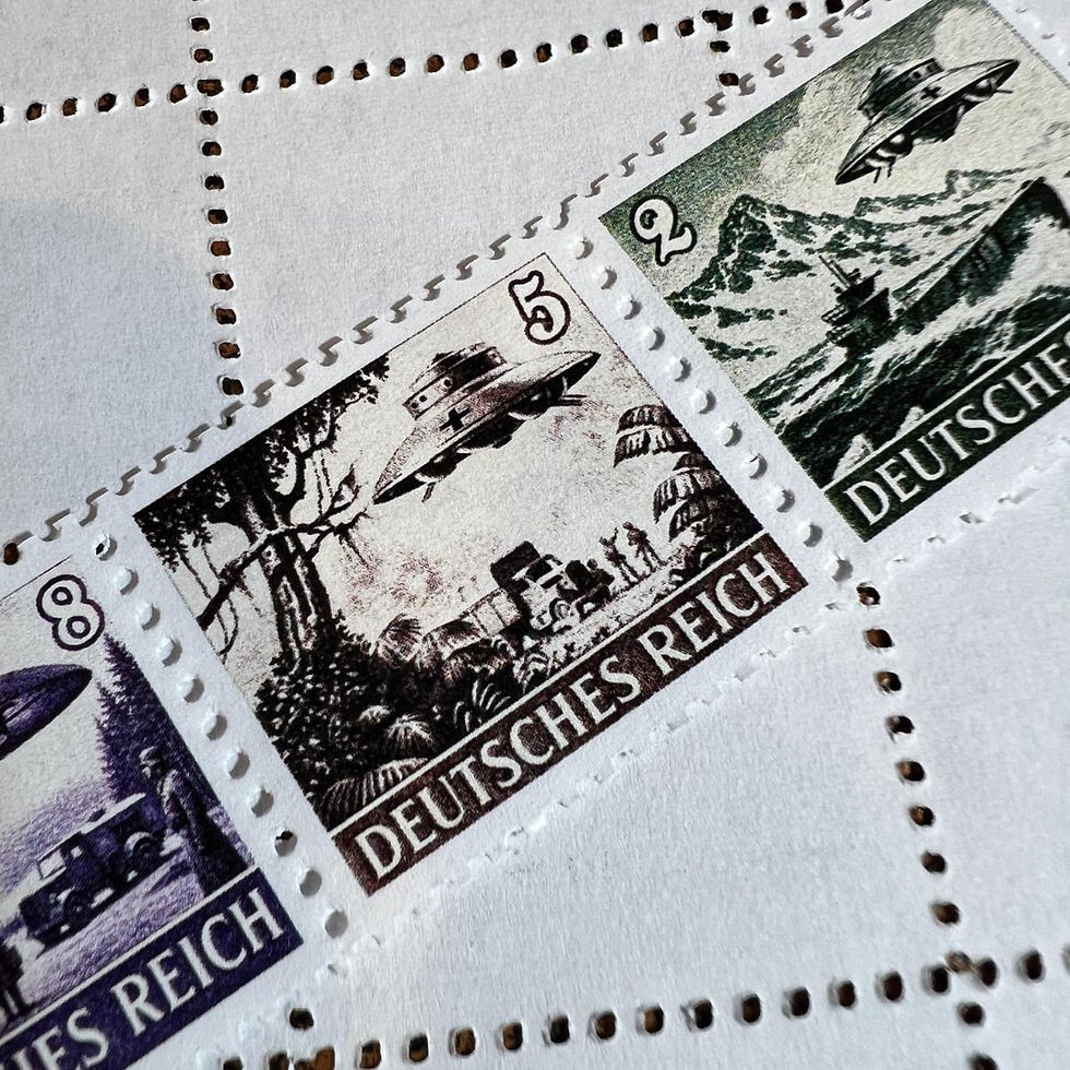 Thumbnail: Postage stamps showing Haunebu II (Nazi flying saucer)