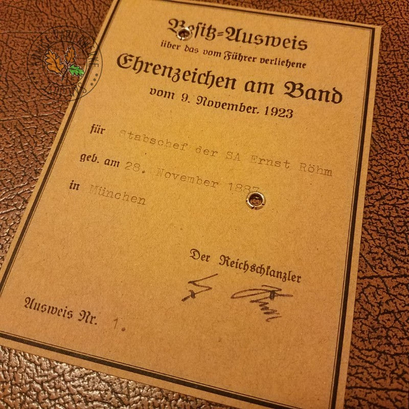 Thumbnail: Ernst Röhm - reverse of Blood Order (Blutorden) photo ID signed by Adolf Hitler
