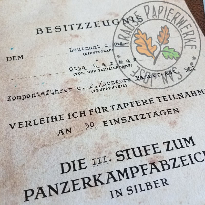 Thumbnail: Otto Carius - Panzer Badge Award certificate (Panzerkampfabzeichen Urkunde)
