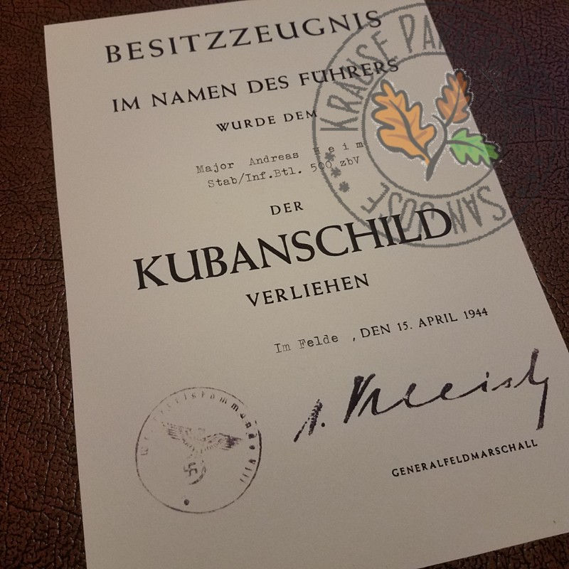 Kuban Shield (Ärmelschild Kuban) award certificate (customizable reproduction)