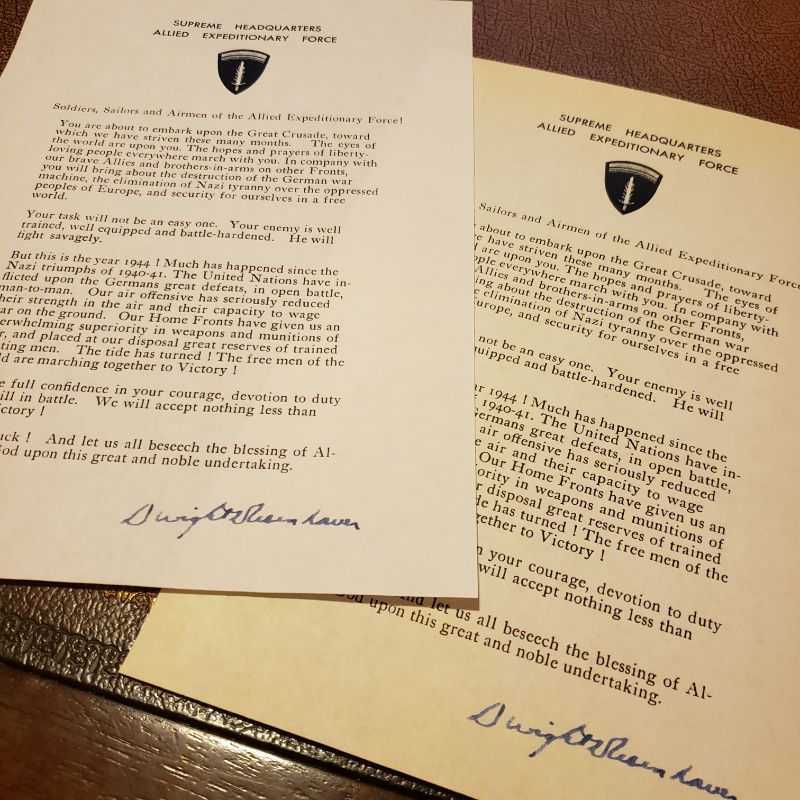 Thumbnail: Aged and new - ‘Order of the Day’ on D-Day from the 1948 Eisenhower's book "Crusade in Europe", signed.