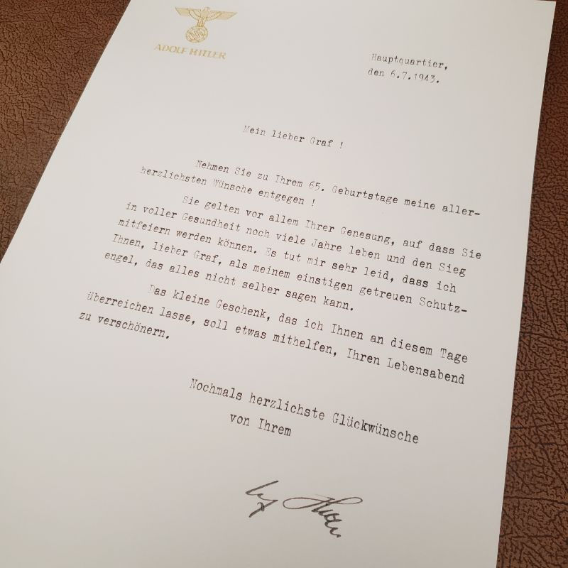 Thumbnail: Ulrich Graf - personal letter from Adolf Hitler for Graf's 65th birthday. From Krause Papierwerke.