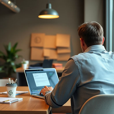 create a guy working on a laptop viewing a claim form and is in a call.__now show as if we