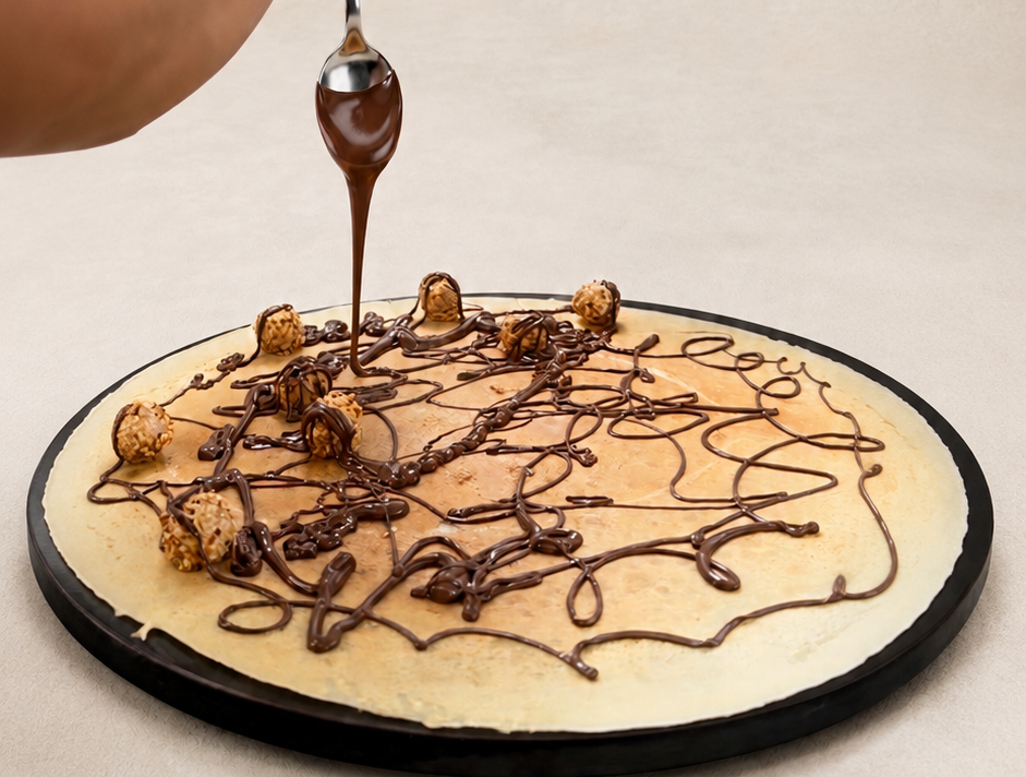 Frisch zubereitete Crêpe auf einer Platte, mit Giotto‑Pralinen dekoriert und gerade mit einem Löffel Nutella überzogen – hochwertiges Food‑Bild für Premium Crêpes‑Catering und Event‑Catering in NRW.