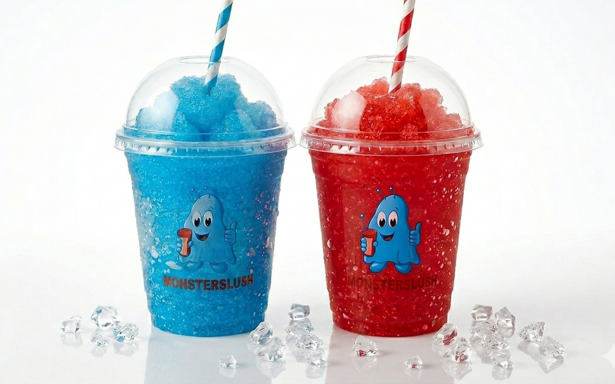 Zwei bunte Slush‑Ice‑Becher in Blau und Rot mit Monster‑Motiven, Dome‑Deckeln und gestreiften Strohhalmen auf Eiswürfeln.
