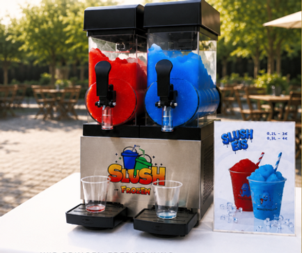 Mobiler Slush-Stand von Zulys Crêpes & Café mit zwei Slush-Maschinen und erfrischenden Slush-Eis-Getränken für Firmenfeiern, Hochzeiten, Stadtfeste und Events.
