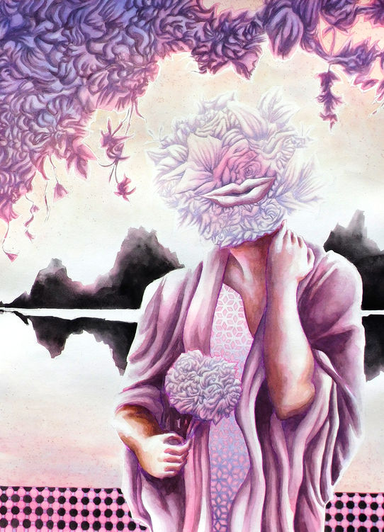Painting of a man holding a flower. His face is a bouquet of flowers.
