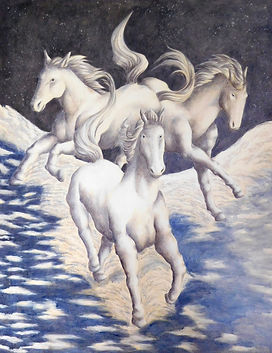 Painting of three white horses gallop on ocean waves under a night starry sky.