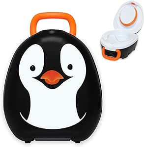 Penguin-shaped My Carry Potty with an orange handle, closed lid, and a separate open view showing the seat. Black, white, and orange colours.