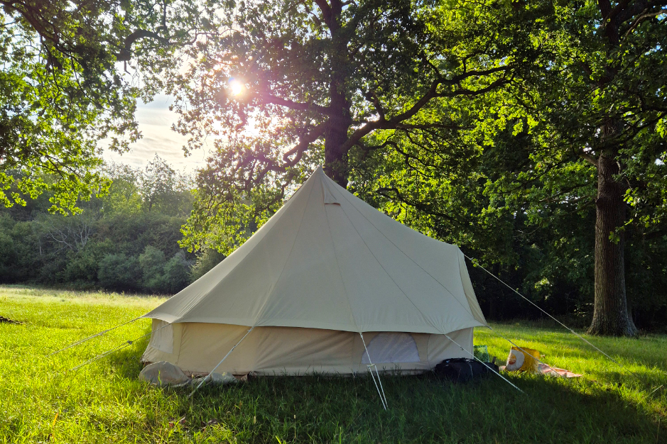 Sussex Bell Tent pitched under the trees with the sun just showing through