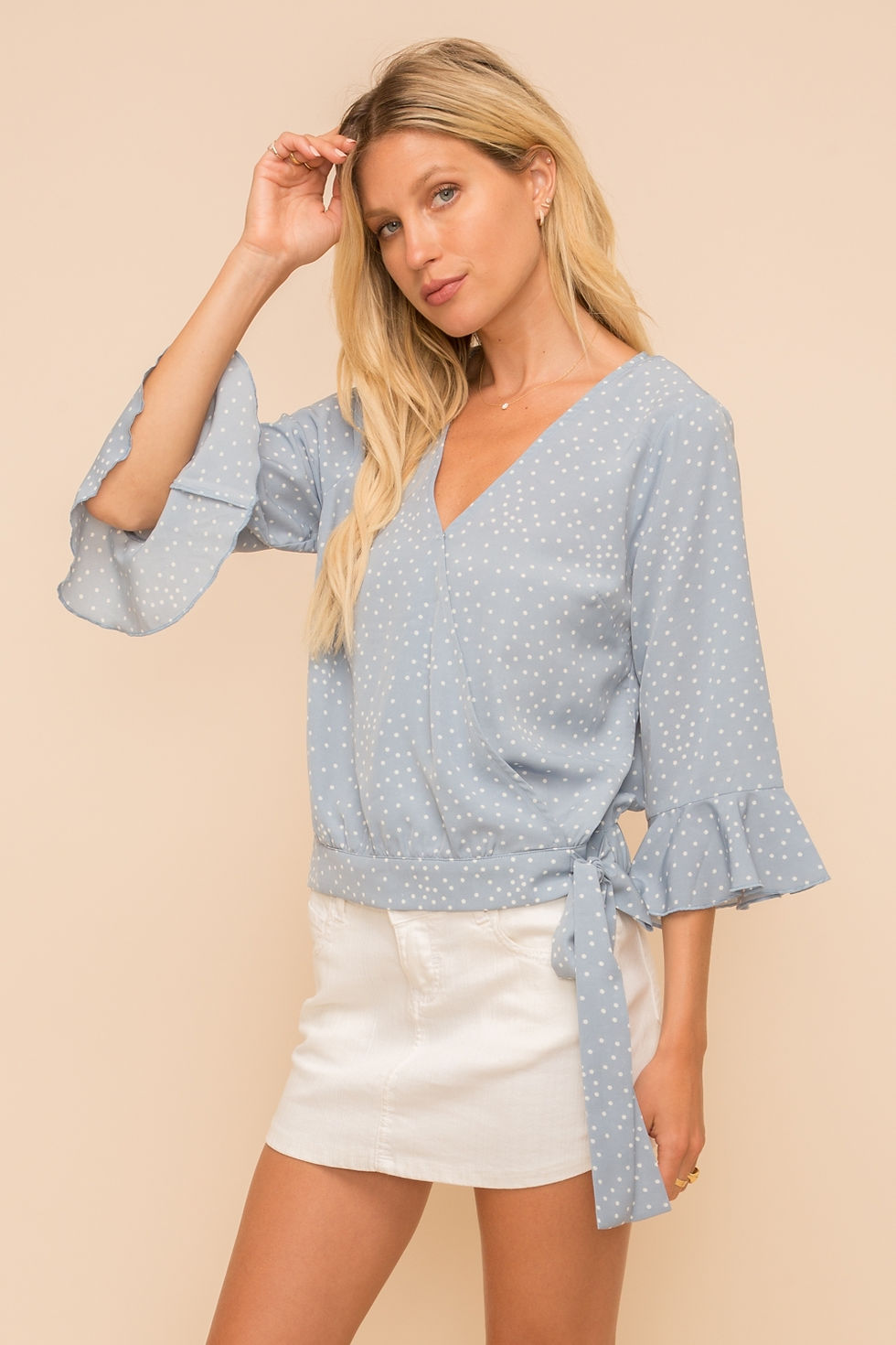 Polka Dot Ruffle Sleeve / Tie Waist Blouse