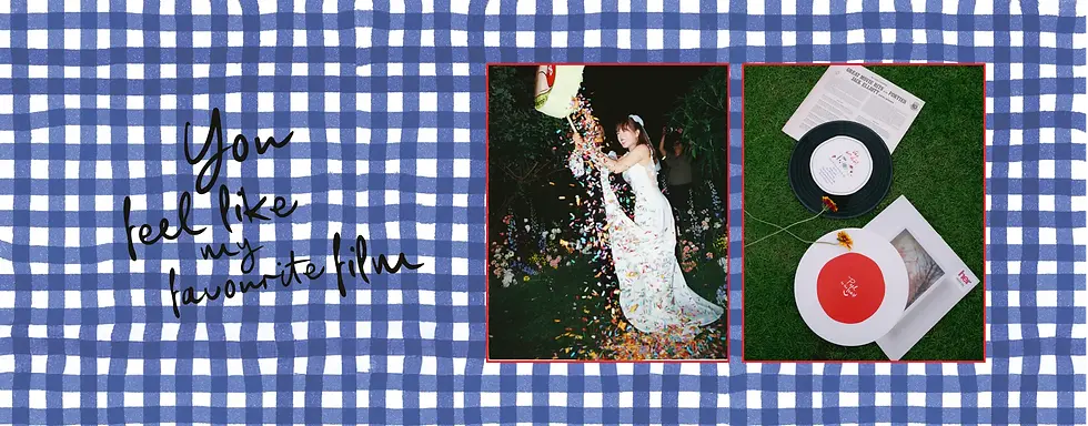 A film-inspired wedding scene with a bride celebrating amid colorful confetti, paired with editorial flat-lay details like vinyl records and printed keepsakes on grass.