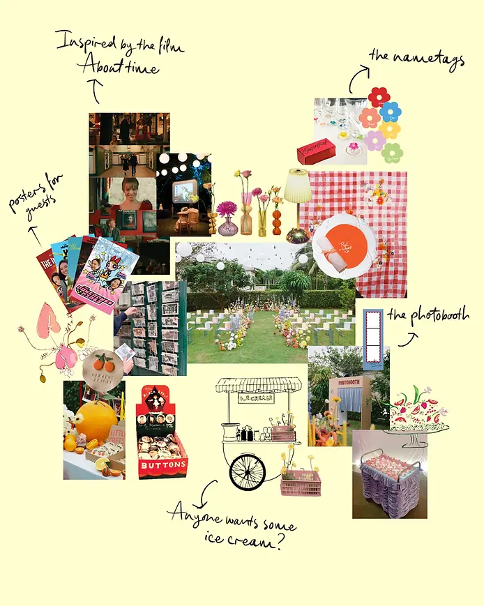 A creative wedding concept moodboard inspired by film aesthetics, featuring playful graphics, stationery ideas, and colorful styling elements.