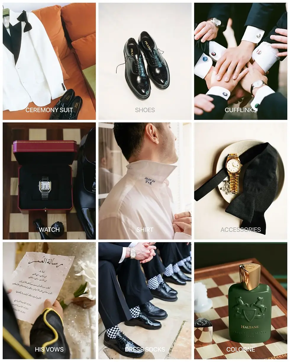 Wedding day essentials checklist for the groom with suit, shoes, cufflinks, cologne, watch, and accessories.