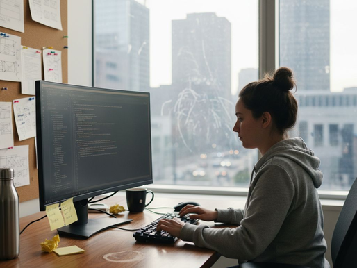 Web designer at office desk coding website
