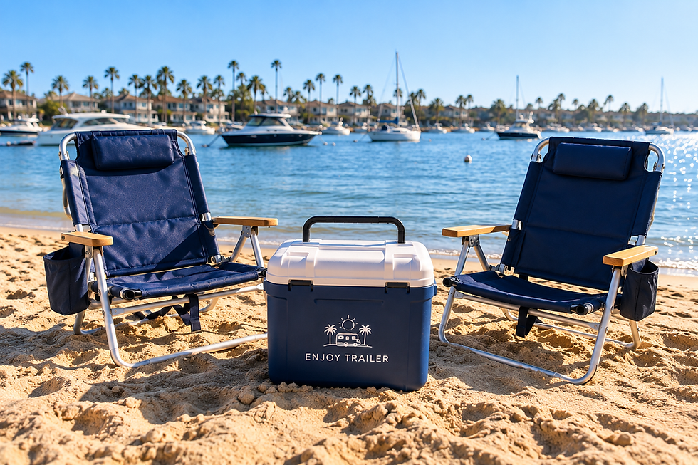 Beach chairs and Enjoy Trailer cooler at Newport Dunes