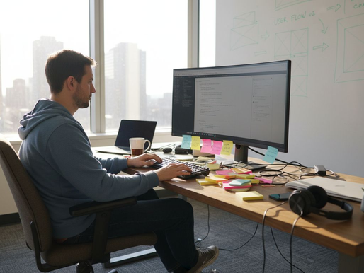 Web designer working at sunlit office desk