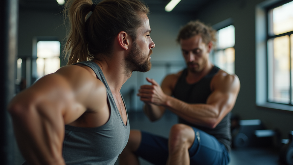 Eye-level view of a personal trainer guiding a client through a workout in a Brooklyn gym