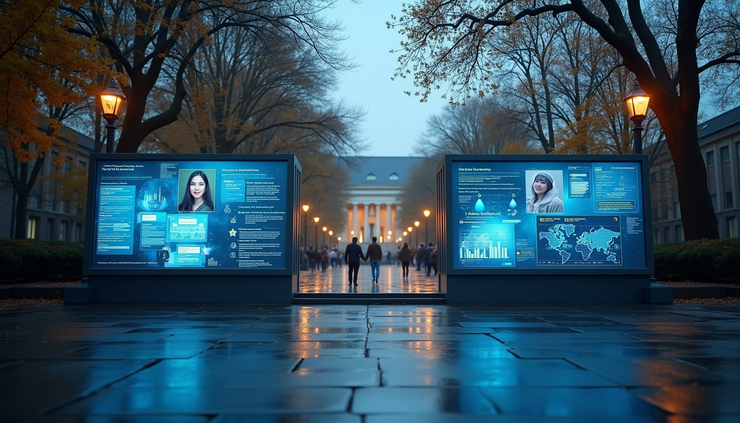 Eye-level view of a university campus entrance with digital screens displaying student information