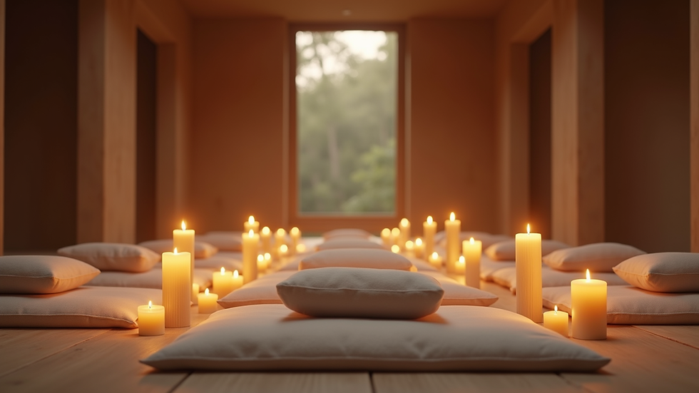 Eye-level view of a serene meditation space with candles and cushions