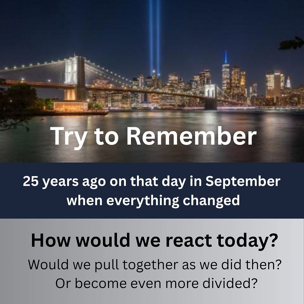 Photo of lower Manhattan in New York City showing the two columns of light in the 9/11 Tribute of Light representing the Twin Towers of the World Trade Center