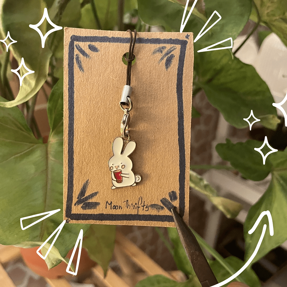 White Bunny Drinking Boba Tea Enamel Phone Charm/Keychain