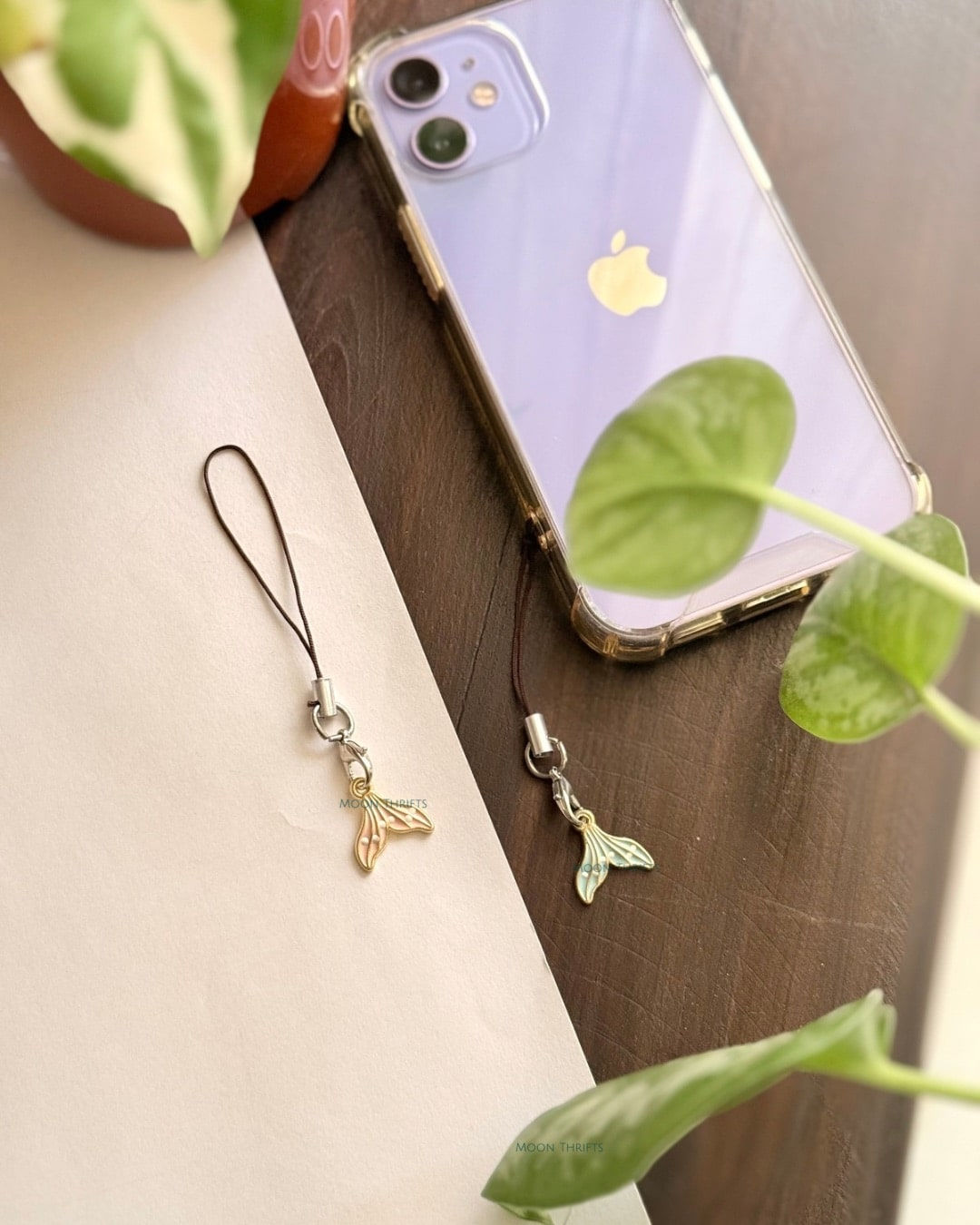 Blue and Pink Mermaid Tail with White Polka Dot Enamel Phone Charm/Keychain