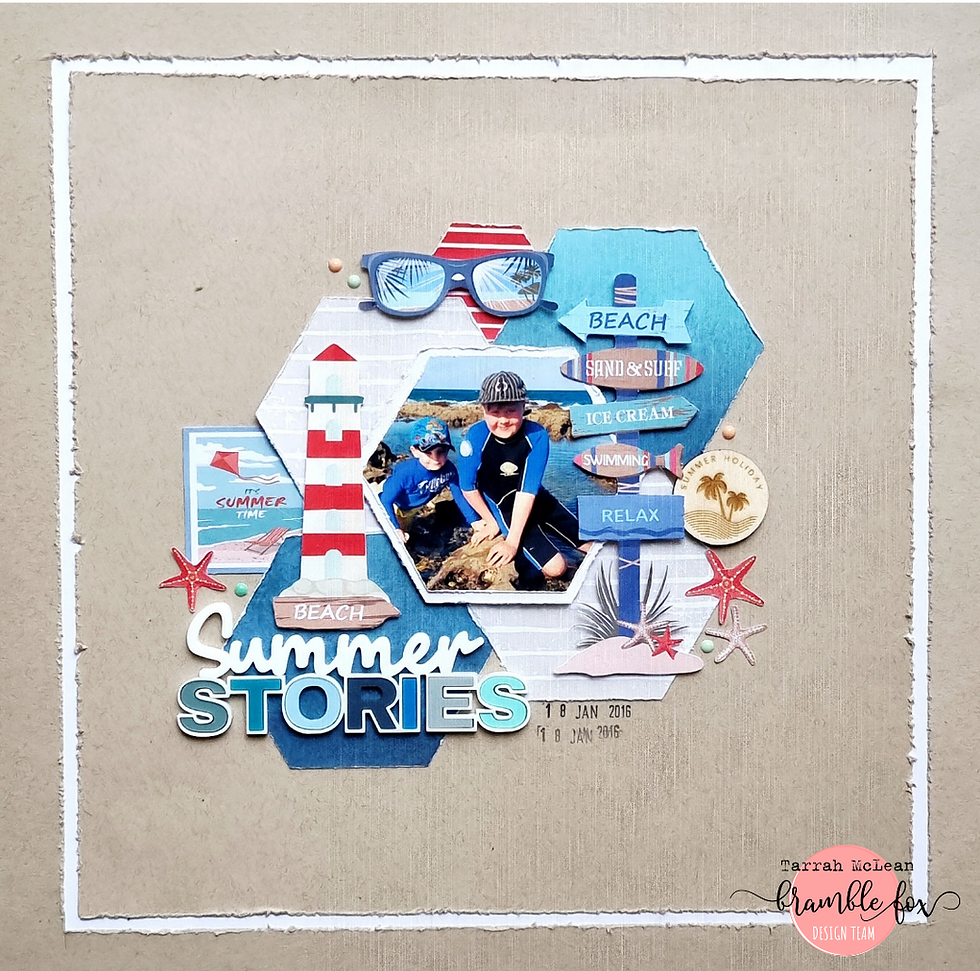 Capture your favourite beach adventures with this Bramble Fox summer scrapbook layout featuring layered Perspextives, seaside embellishments, hexagon designs and coastal details. Perfect for documenting family holidays, beach days, travel memories, cruises and summer scrapbook pages.