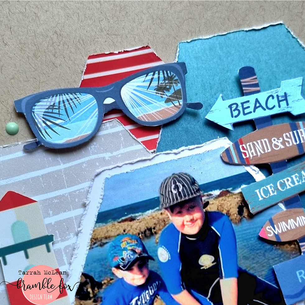 Capture your favourite beach adventures with this Bramble Fox summer scrapbook layout featuring layered Perspextives, seaside embellishments, hexagon designs and coastal details. Perfect for documenting family holidays, beach days, travel memories, cruises and summer scrapbook pages.