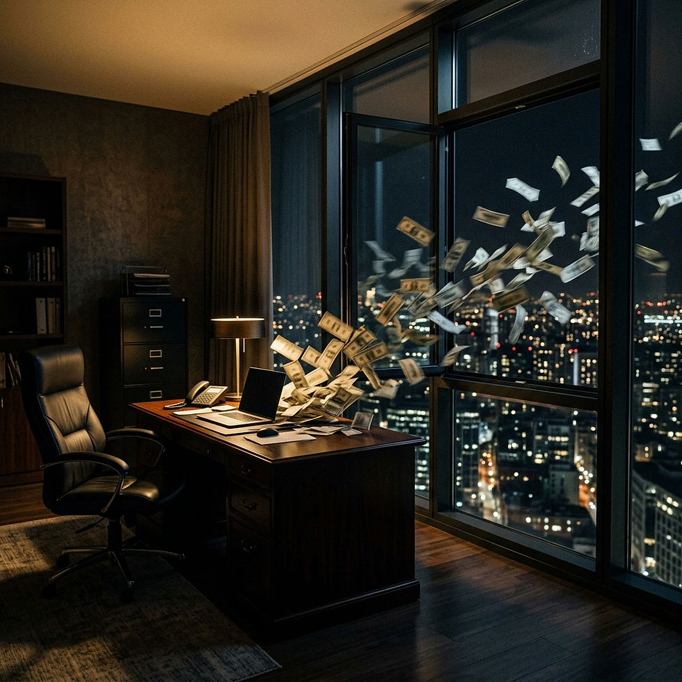 A dark, empty executive office at night, tall vertical composition. A window is open to th