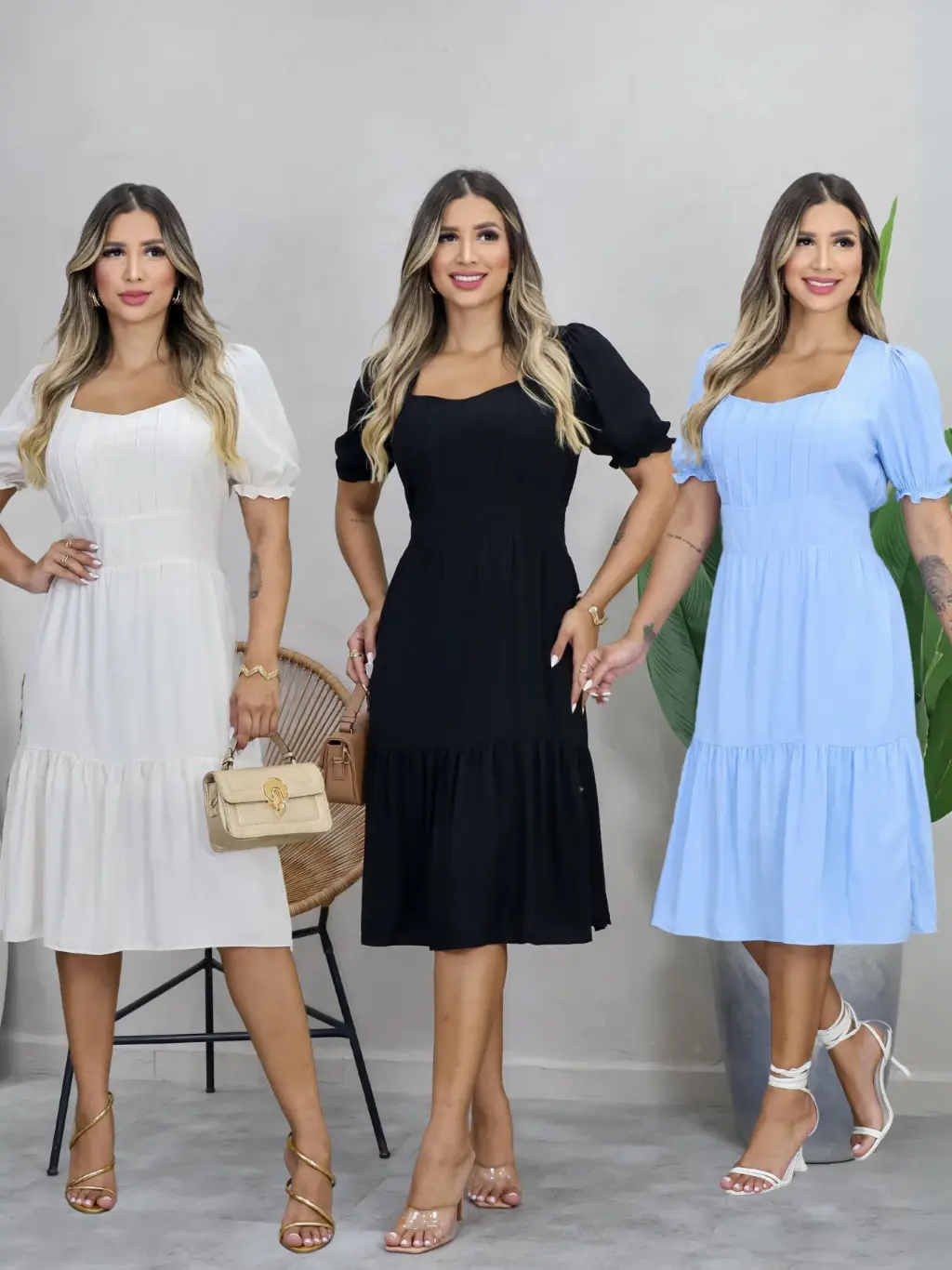 vestido feminino midi manga curta Detalhes de pregas no busto