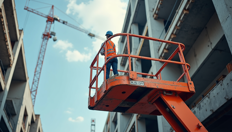 Eye-level view of a mobile elevating work platform with edge protection in use on a construction site