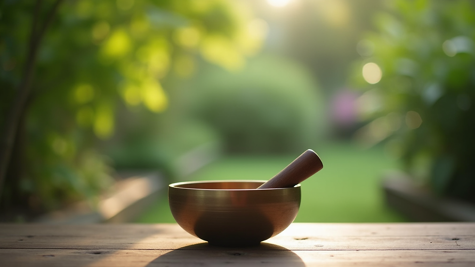Eye-level view of a peaceful garden with a singing bowl placed on a wooden table