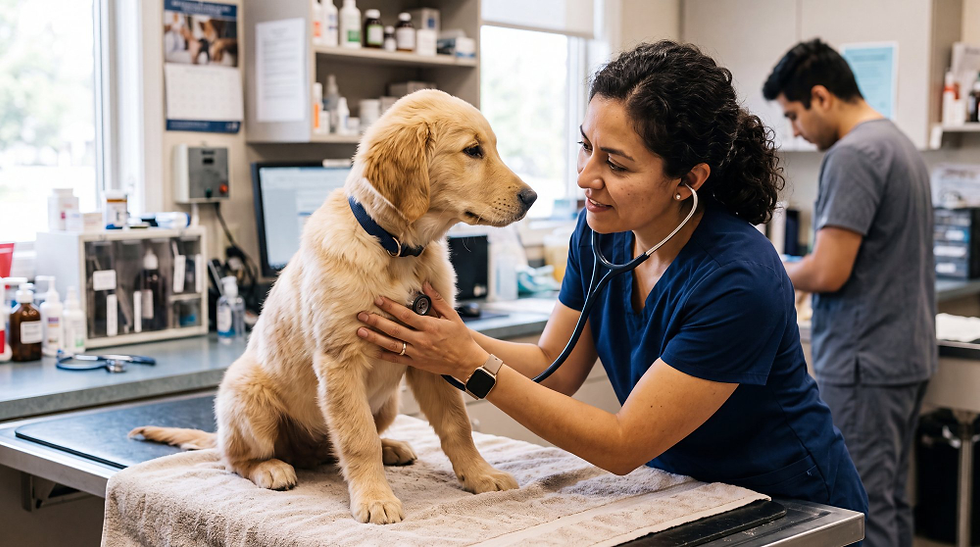 A veterinarian checks on a puppy.