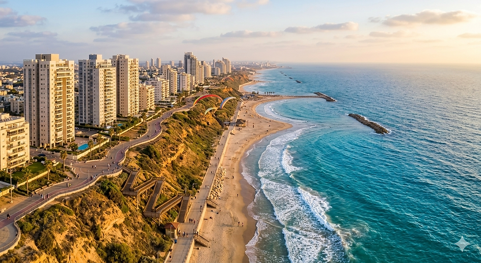 Aerial view of the Israel coastline, where Step One manages luxury renovation projects for international owners.