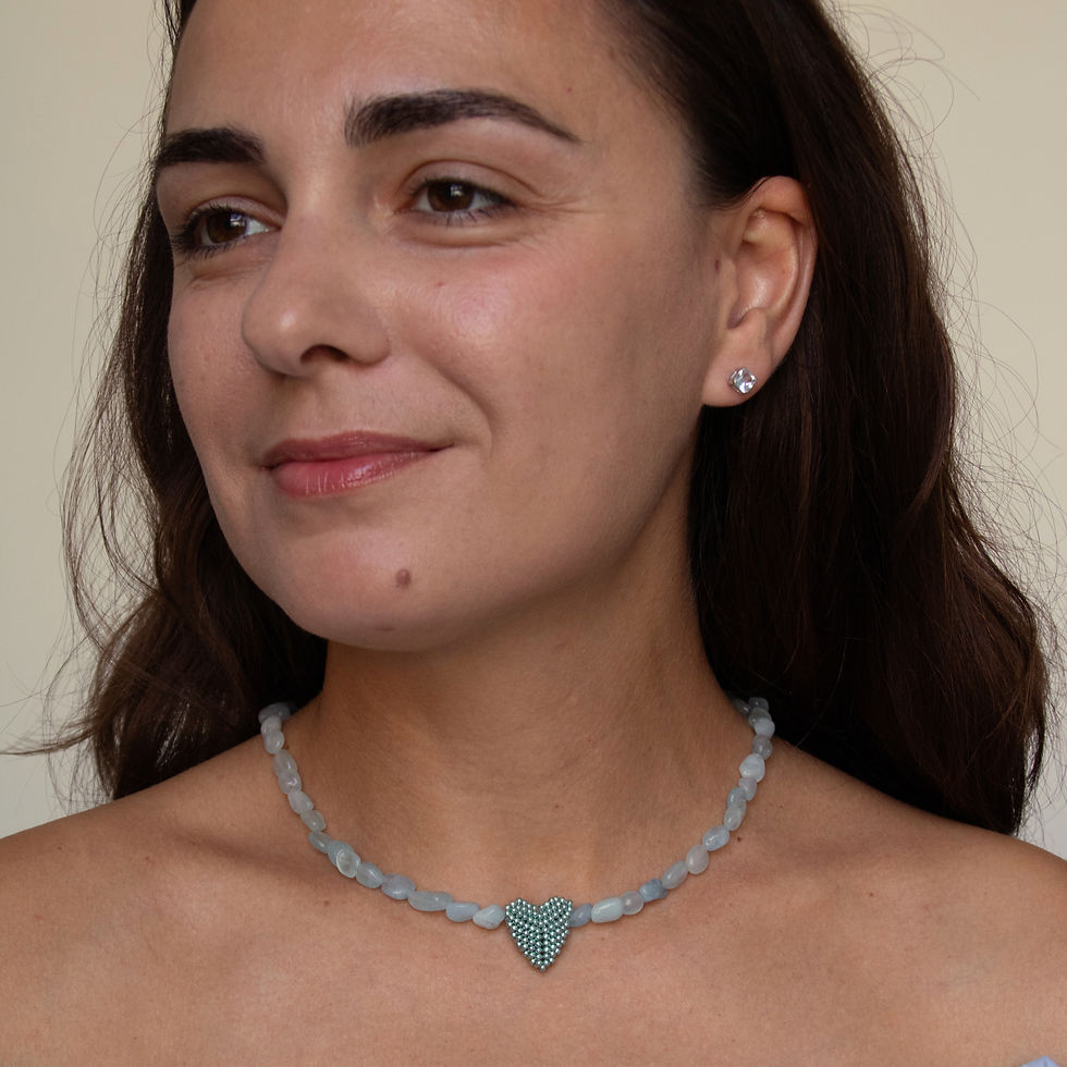 Blue Heart Gemstone Choker, handmade by My Reyzele, detail view 2
