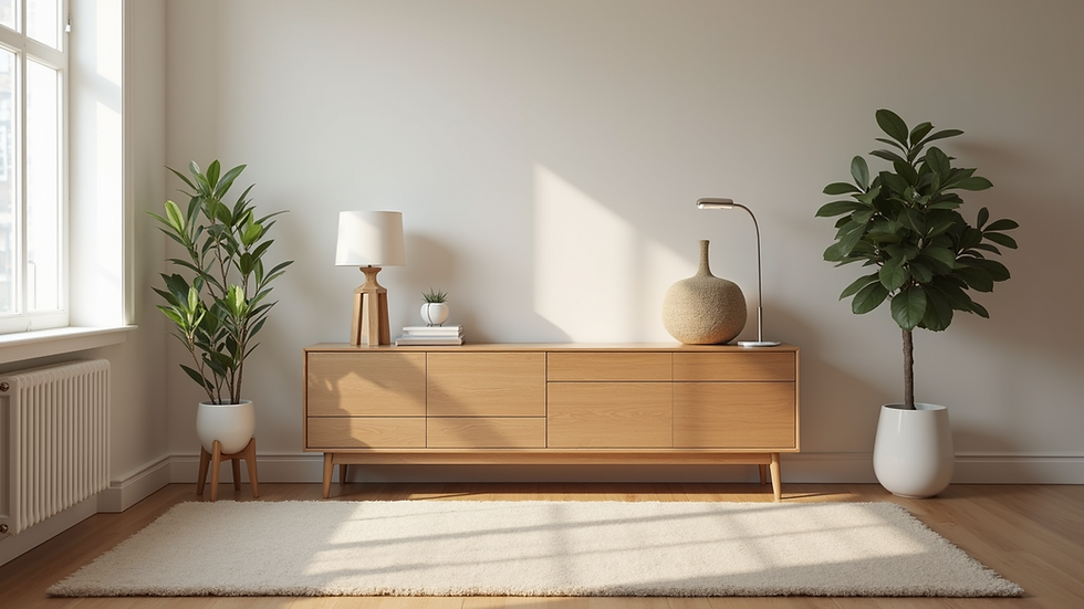 Eye-level view of a wood furniture arrangement away from the wall