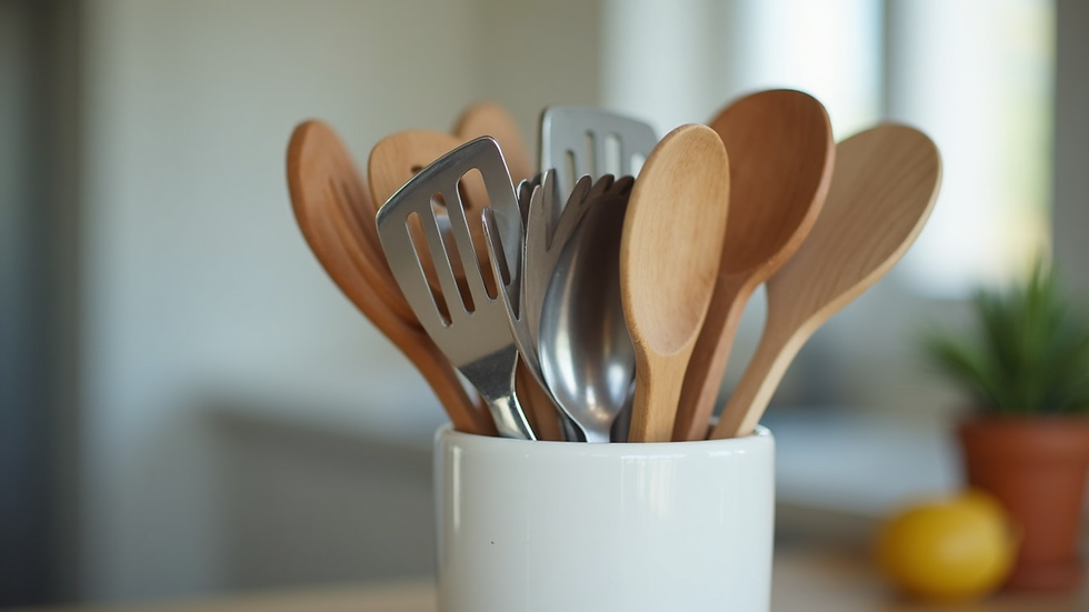 Eye-level view of stainless steel and silicone kitchen utensils in a ceramic holder