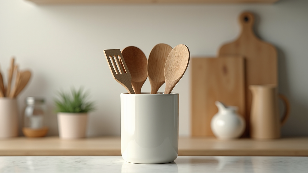 Eye-level view of eco-friendly kitchen utensils displayed neatly in a ceramic holder