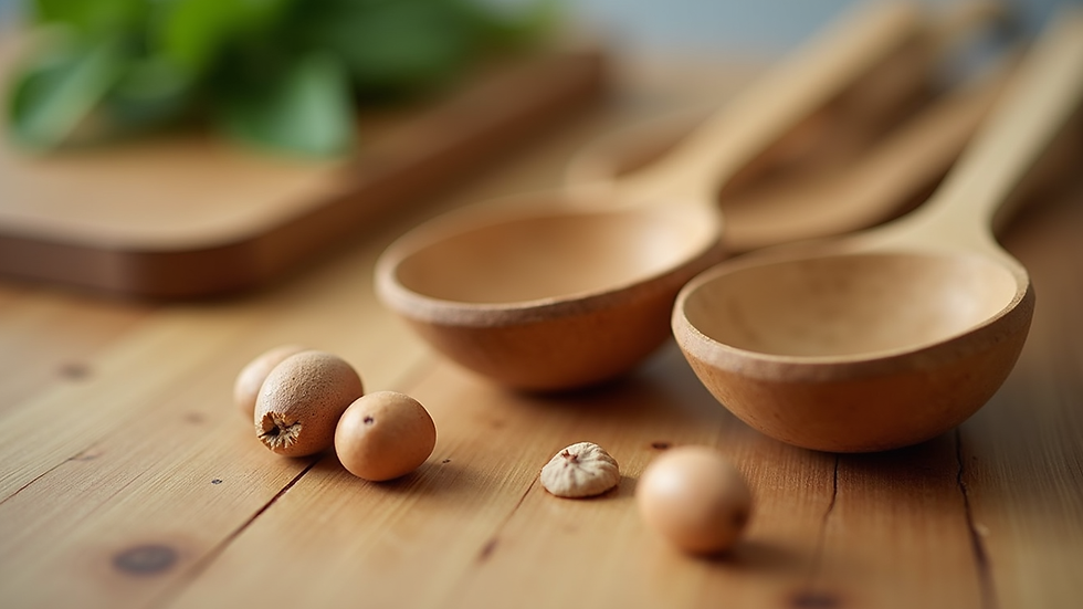 Close-up view of bamboo kitchen utensils arranged on a wooden surface