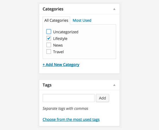 Categorie en tags in klassieke editor
