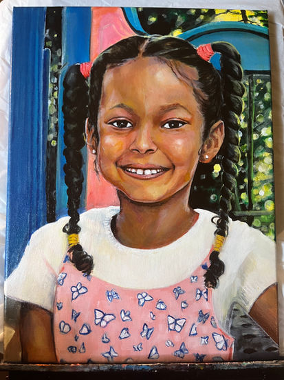 Handpainted portrait of a smiling young girl with braids and a butterfly dress, gifted by her parents for her birthday.