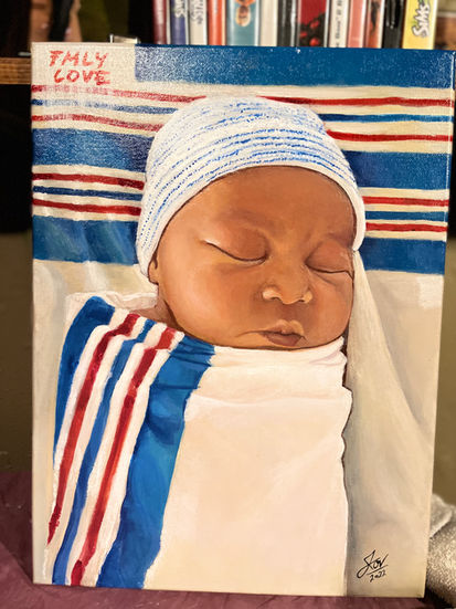 Realistic painting of a sleeping newborn in hospital swaddle, recreated from an old photo as a baby shower gift between friends.