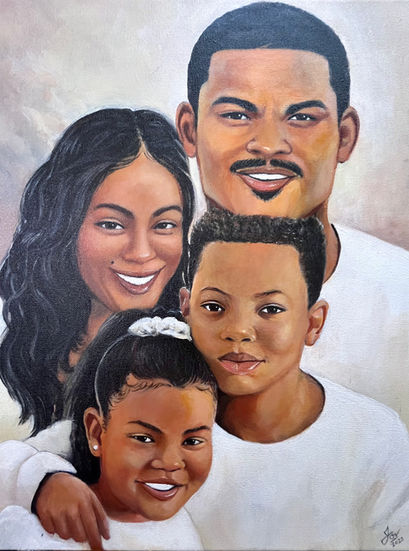 Handpainted family portrait featuring a late father, created posthumously to honor his memory and keep the family pictured together.