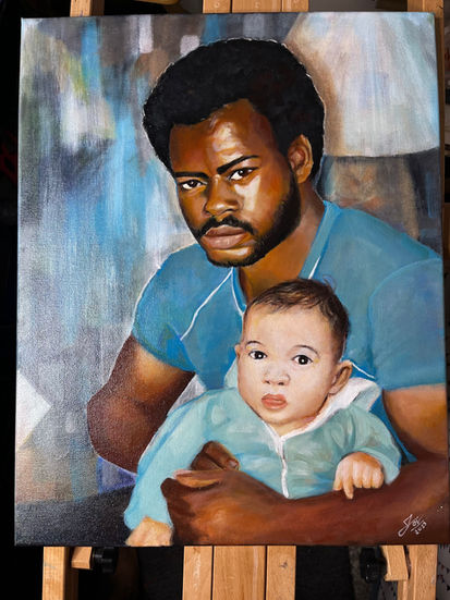 Handpainted portrait of a father holding his infant son, created as a memorial gift to the now-grown child in remembrance of his late father.