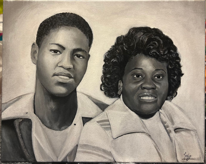 Black and white handpainted portrait of a man and woman, created from two separate photos and commissioned by their son.
