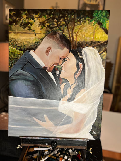 Handpainted wedding portrait of a bride and groom embracing beneath sunlit trees, commissioned as a gift by the groom’s best man and friends.